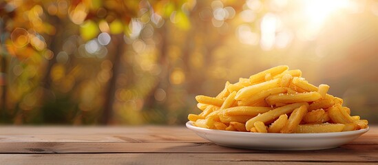 Place crispy fries and tasty macaroni on the dining table with a natural blurred background Add a copy space image for a perfect setting