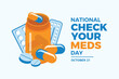 © betka82 - National Check Your Meds Day poster vector illustration. Orange pill bottle, drugs, blister pack, medications icon set vector. Template for background, banner, card. October 21 each year
