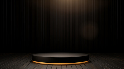 a dimly lit stage with a round black podium on a wooden floor