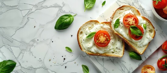 Sticker - Top down view of a white tiled table with toast melted cheese tomato and basil suitable for text insertion in a copy space image