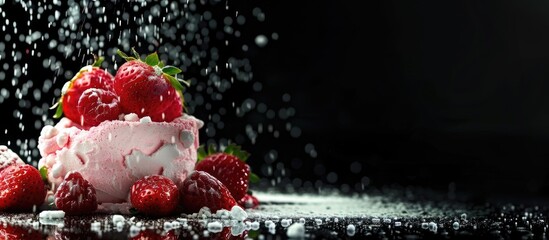 Sticker - High quality close up image of a pink marshmallow dessert with strawberries on a black background offering copy space