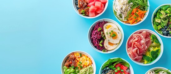 Canvas Print - Various types of poke bowls displayed from above on a blue background with copy space image