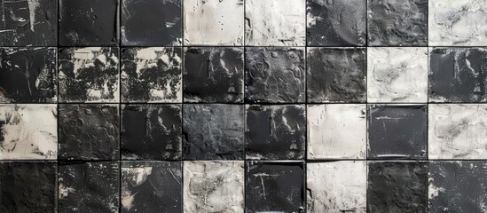 Poster - A textured black and white ceramic tile wall featuring varied sizes offers a picturesque backdrop with copy space image