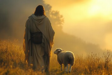 Wall Mural - divine shepherd ethereal christ figure in flowing robes tenderly leads a lamb through misty meadow symbolizing spiritual guidance and compassion