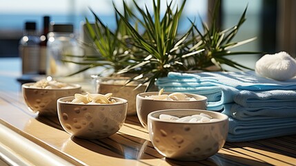 Sticker - beauty treatment items for spa procedures on white wooden table. massage stones, essential oils  