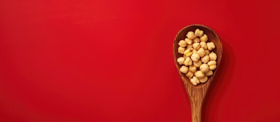 Chickpea or Egyptian Pea on a wooden spoon against a red backdrop with copy space image