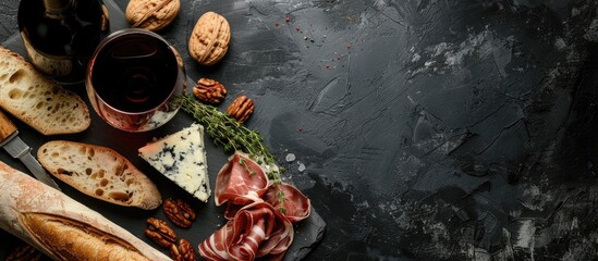 Canvas Print - Red wine complements Mediterranean snacks like prosciutto blue cheese baguette walnuts and thyme shown in a copy space image