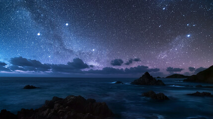 Wall Mural - the night sky is filled with stars and the ocean is calm