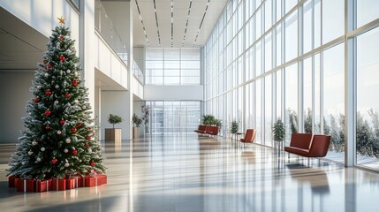 festive office lobby with christmas tree