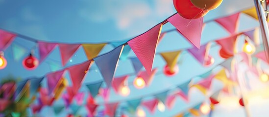 Colorful pennant garland on summer festival marquee with copy space image focused on with limited depth of field