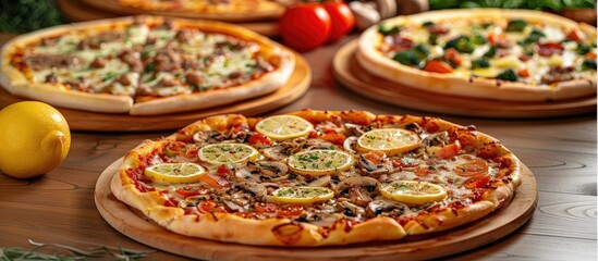 Canvas Print - Variety of pizzas on table large with meat and lemon small with veggies and another with mushrooms perfect for a copy space image