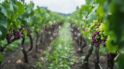 Wall Mural - A network of sensors collecting data from a vineyard, connected to a central system.