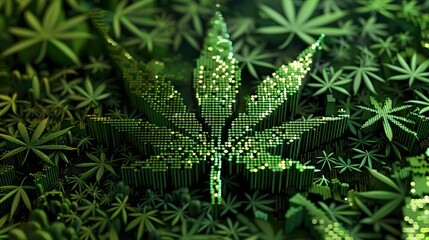 Marijuana leaves on a pixel technology background, close up top view on cannabis leaves and branches on technology background for alternative medical and marketing design concept