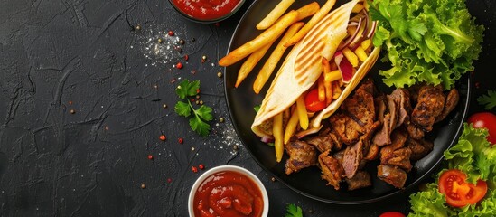 Poster - Top view photo of shawarma Doner kebab served with French fries and salad on a plate against a black background ideal for copy space image