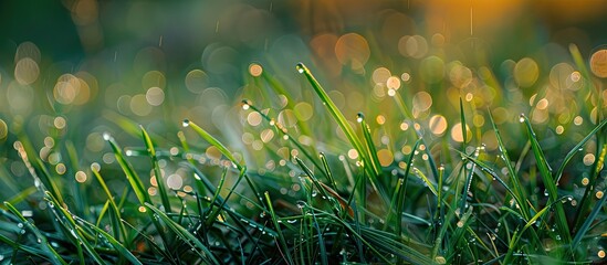 Canvas Print - Water droplets on blades of grass post rainfall with a blurred background providing ample copy space image