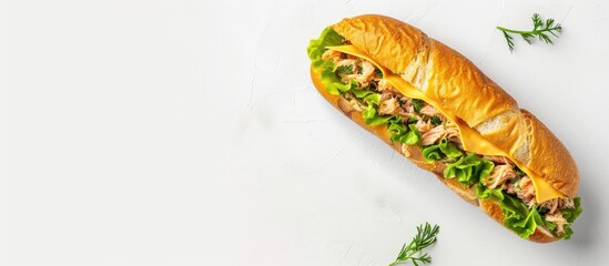 Poster - Top view of a tuna sandwich with cheese lettuce and herbs on a white background ideal for adding text or designs as it provides copy space image