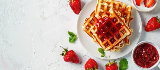 Canvas Print - Top down view of a summer themed breakfast featuring Belgian waffles ripe strawberries and homemade jam on a white surface ideal for copy space image