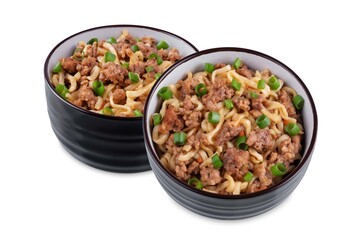 Ground meat spicy ramen noodles in a bowl on a white isolated background