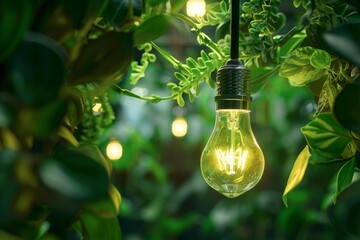 Poster - Glowing lightbulb is hanging in lush green foliage, symbolizing the concept of green energy and environmental sustainability