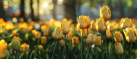 Wall Mural - Copy space image of bright yellow tulips blooming in the park