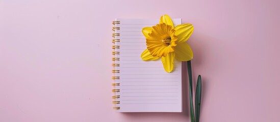 Wall Mural - Blank notebook with daffodil flower pastel pink background Easter theme copy space image