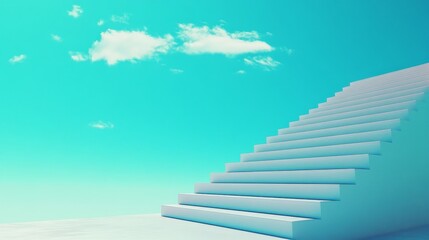 White staircase ascending towards a blue sky with fluffy clouds, symbolizing growth and success.