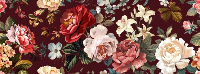 Canvas Print - Beautiful vintage floral pattern with various colorful flowers on a rich burgundy background