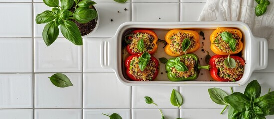 Canvas Print - A white tiled table displays a baking dish filled with quinoa stuffed bell peppers and basil from a top view leaving room for a text on the copy space image