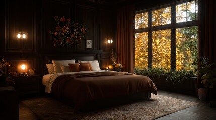 Wall Mural - A bedroom with a large bed and a window with trees outside. The room is dimly lit and has a cozy, warm atmosphere