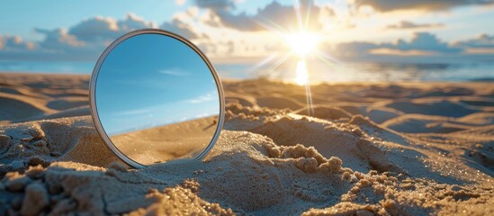 Wall Mural - Close up of cosmetic sunscreen reflecting in a mirror on a sandy beach in summer with copy space image