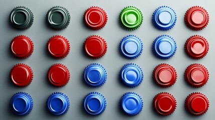 A realistic 3D collection of side-view plastic bottle caps in the colors red, green, and blue. Pet screw lid mockup for soda, beer, cider, and water. illustrations of isolated icons.