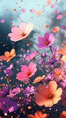 A field of pink and orange cosmos flowers with a blue sky and bokeh.