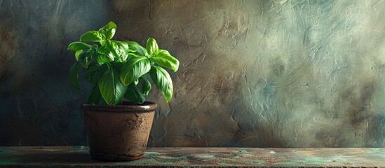 Canvas Print - Basil plant with fresh organic leaves in a pot on a textured background representing vegan home gardening with plenty of copy space image for basil related content