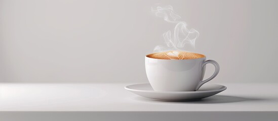 Wall Mural - A steaming cup of cappuccino on a white backdrop with copy space image