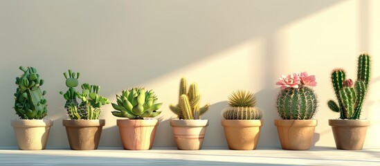 Wall Mural - Different types of cacti in pots displaying in sunlight with a space for adding text or images. Copy space image. Place for adding text and design