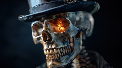 3D graphic of a skeleton with a top hat, airy and tidy, black background, vibrant colors, divided layers 