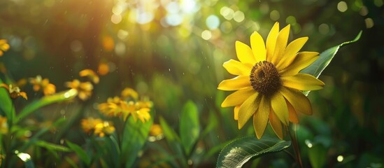 Wall Mural - A vibrant yellow flower in a sunny garden with a focused copy space image