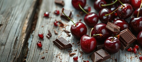 Sticker - Close up display of fresh cherries paired with chocolate on a rustic grey wooden surface creating an inviting arrangement for a copy space image