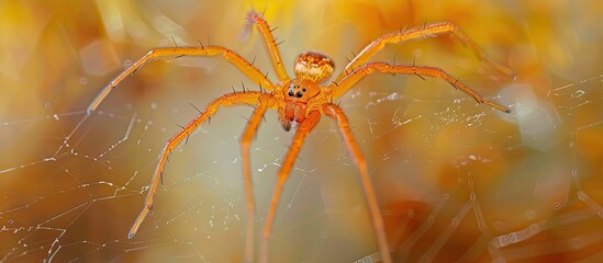 A tiny orange spider on its web shown in a close up copy space image