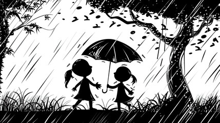 Sticker - Silhouette of two children walking in the rain