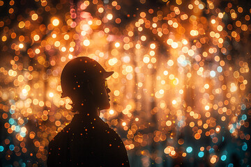 Wall Mural - abstract bokeh background, adorned with glitter and vintage lights, serves as a stunning backdrop to silhouette of an engineer and construction team diligently working at site, while also providing a