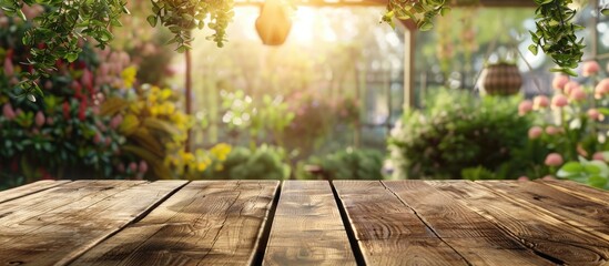 Poster - Garden themed wooden table with a blurry garden background featuring hanging shrubs creates a natural and picturesque garden ambiance perfect for a copy space image