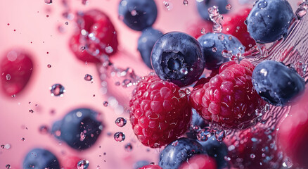 Wall Mural - Close-up of fresh blueberries and raspberries in water, surrounded by bubbles, with a pink background