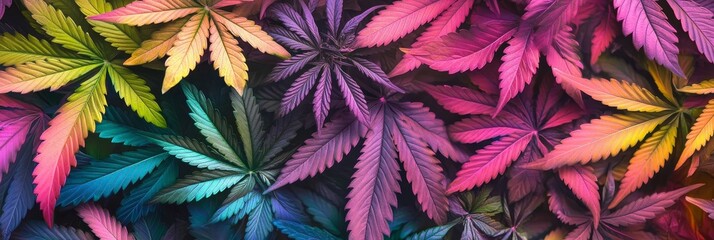 Vibrant Cannabis Leaves in a Rainbow of Colors - A close-up shot of cannabis leaves painted in various shades of rainbow colors symbolizing diversity, growth, and the beauty of nature.