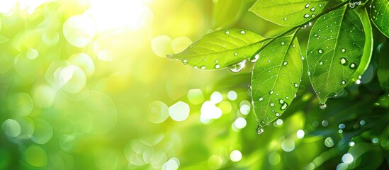 Sticker - An abstract image of green leaves with dew offers a refreshing background with the theme of nature and eco friendliness ideal as a wallpaper with copy space image