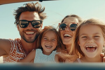 An energetic and cheerful family selfie captured during a sunny beach trip, featuring two parents and their two daughters smiling widely, enjoying their vibrant vacation moment.