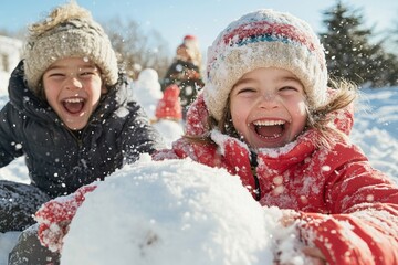 Wall Mural - Two children clad in warm winter clothing laugh and enjoy building a snowman together, experiencing the fun and excitement of the frosty, snow-filled outdoors.