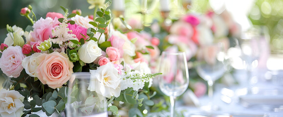 bouquet of flowers in the garden, Wedding Table set with fresh flowers, Close up of wedding table set decorated with fresh flowers.