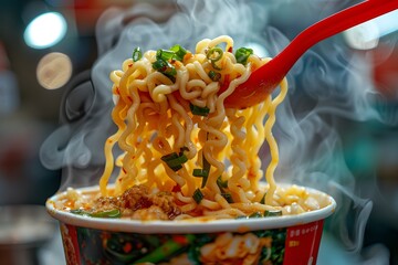 Steaming noodles with fork.