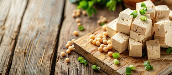 Sticker - White wooden table set with delectable tofu and soybeans providing copy space for text in a banner design